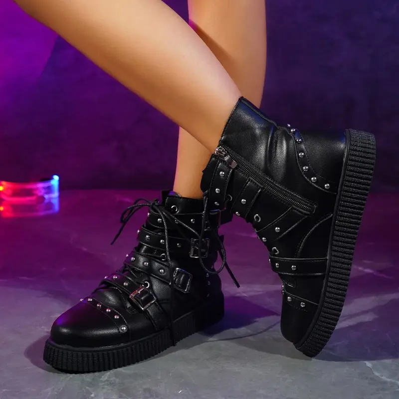 Spring New Flat Boots Women Fashion Round Head Rivet Front Lacing Side Zipper Anti-slip Wear-resistant Short Boots