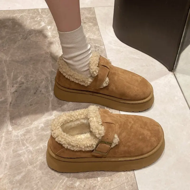 Winter New Thick Cotton Boots Women's Fashion Round Head Suede Buckle Warm Comfortable Flat Snow Boots