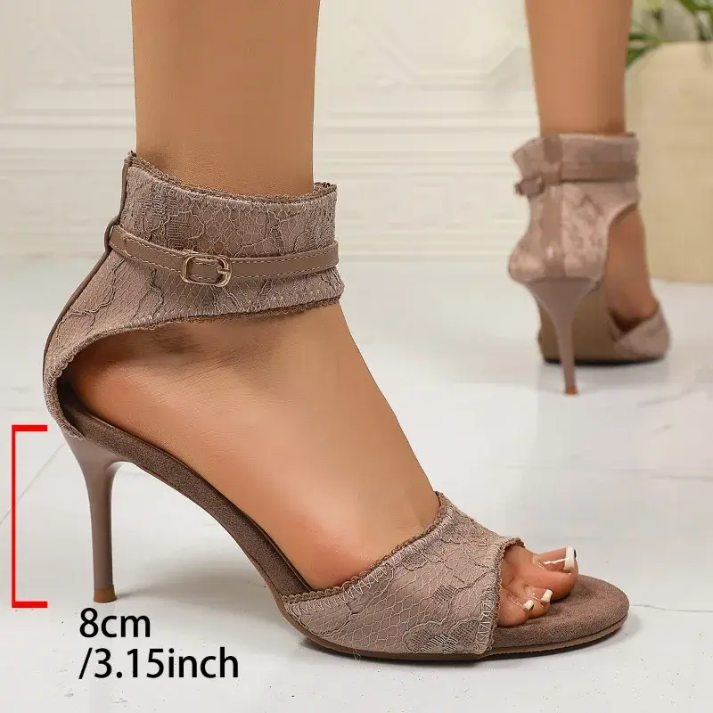 Women's Outward Wear Summer New Lace Hollow High Heels Fashion Stiletto Sexy One-word Belt Open-toe Non-slip Sandals