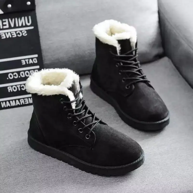 Winter New Flat Snow Boots Women's Round Head Suede Front Strap Thick Sole Anti-slip Wear-resistant Short Boots