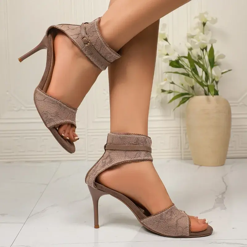 Women's Outward Wear Summer New Lace Hollow High Heels Fashion Stiletto Sexy One-word Belt Open-toe Non-slip Sandals