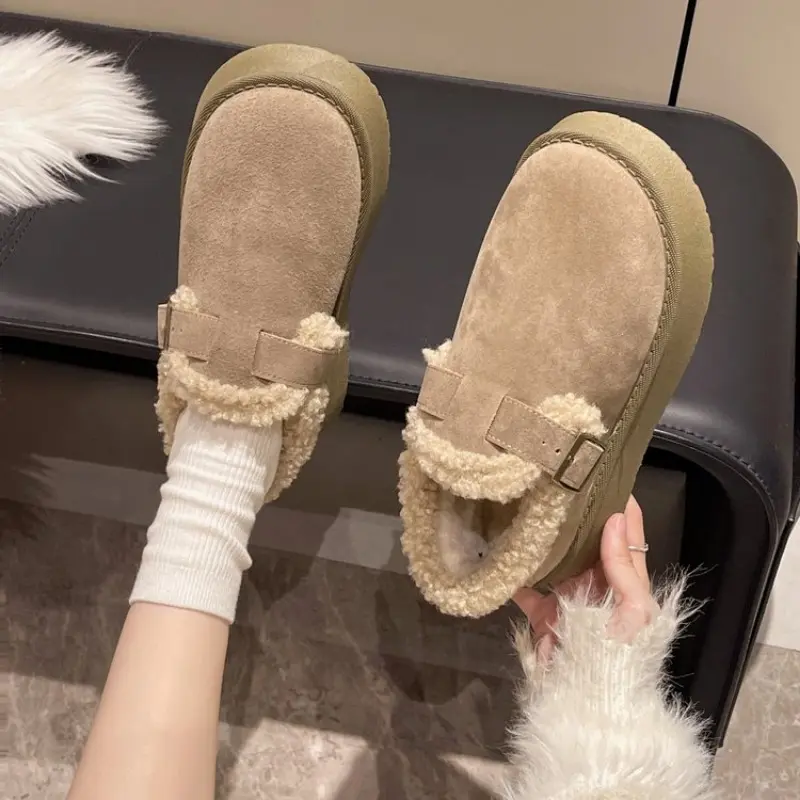 Winter New Thick Cotton Boots Women's Fashion Round Head Suede Buckle Warm Comfortable Flat Snow Boots