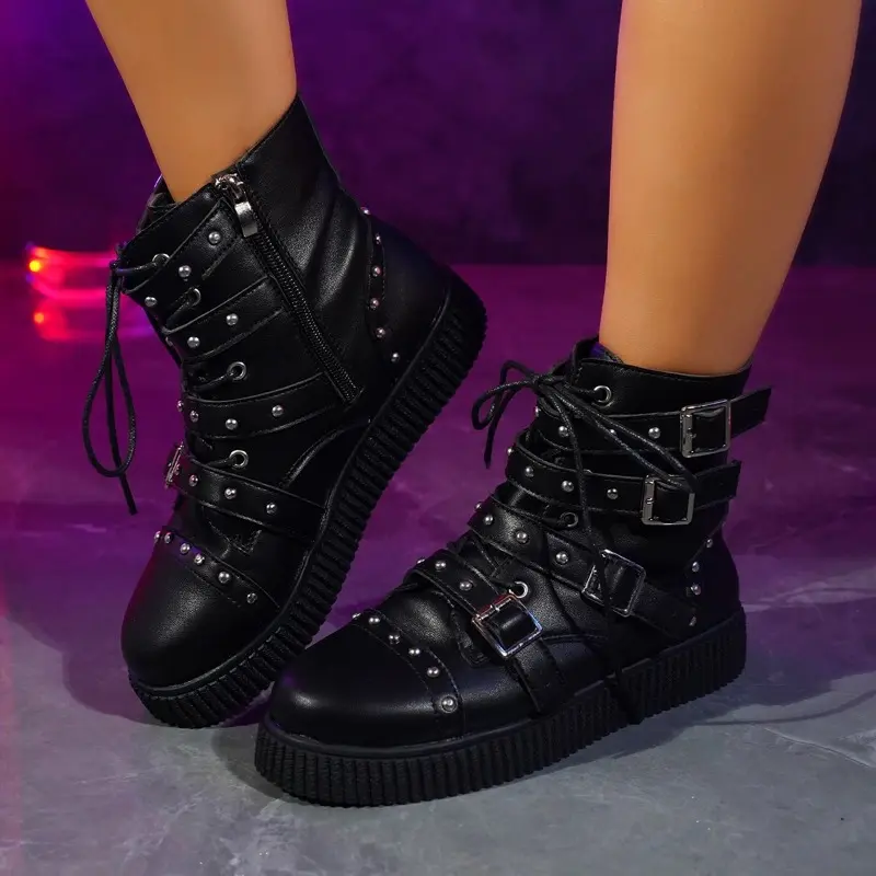 Spring New Flat Boots Women Fashion Round Head Rivet Front Lacing Side Zipper Anti-slip Wear-resistant Short Boots