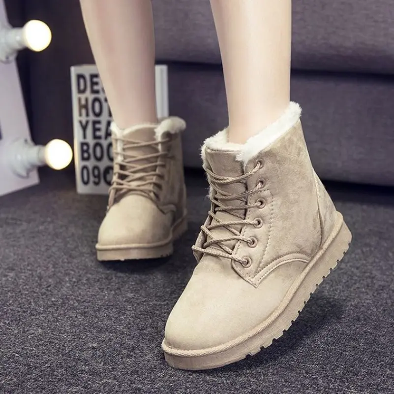 Winter New Flat Snow Boots Women's Round Head Suede Front Strap Thick Sole Anti-slip Wear-resistant Short Boots