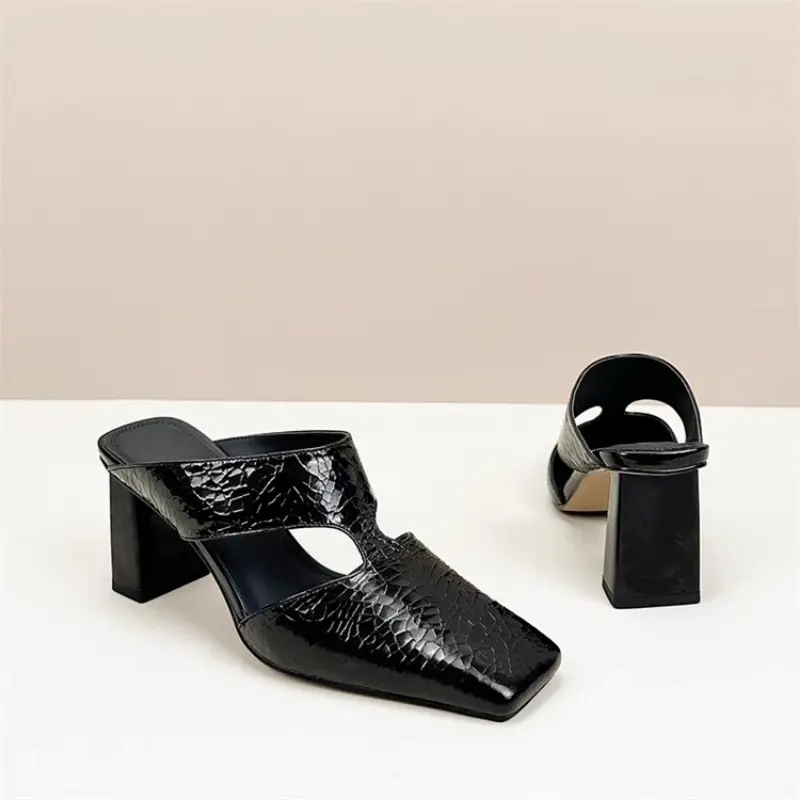 Fashion Square Slippers Summer New Square Head Shallow Hollow Breathable Set Foot Anti-slip Wear-resistant High Heels