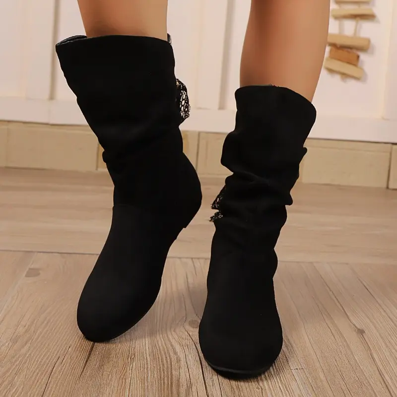 Fashion Lace Lace-Up Back Mid-Thigh Boots Women's Plus Size Suede Round Toe Sleeve Flat Skinny Boots