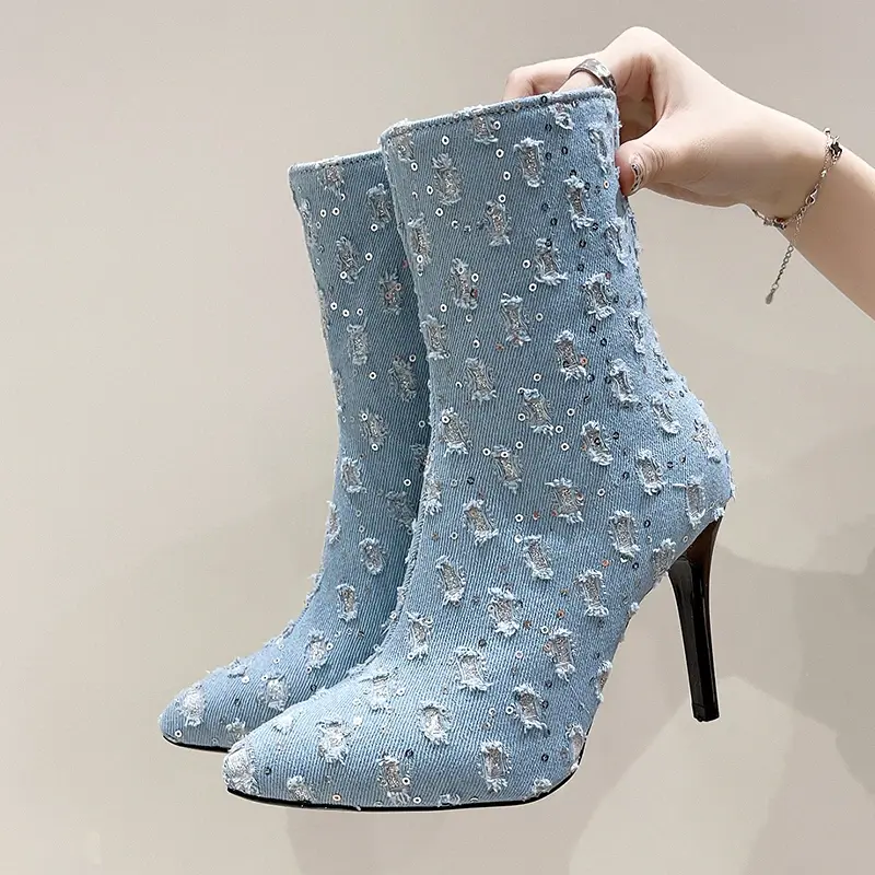 Winter New Thin Heel Single Boots Women's Fashion Pointy Sequin Fabric Side Zipper Anti-slip Wear-resistant Short Boots