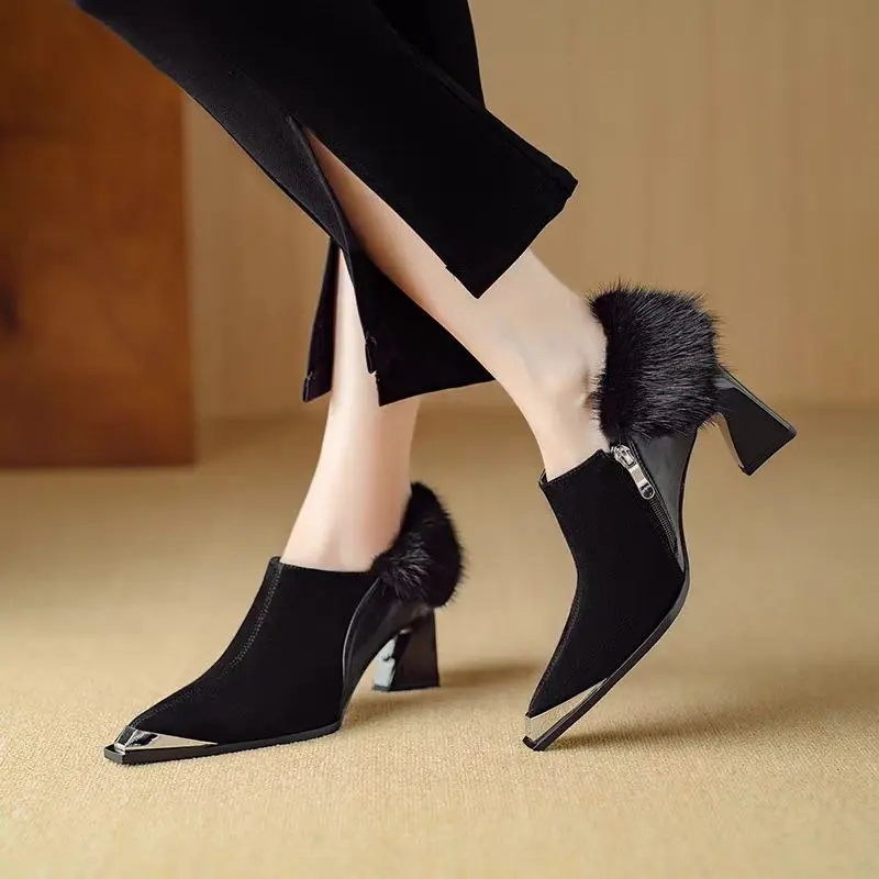 Autumn New Coarse Heel Shoes Women Fashion Metal Pointed Side Zipper Anti-slip Wear-resistant Plush Low-top Shoes