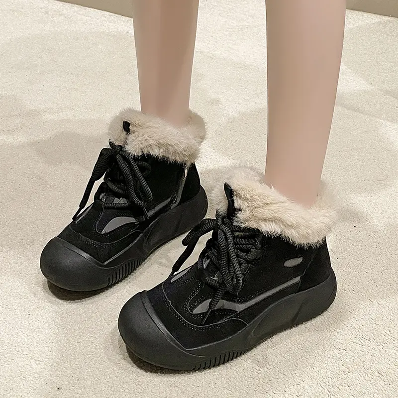 Women's Fashion Flat Snow Boots Winter New Round Head Suede Front Strap Thick Sole Anti-slip Wear-resistant Short Boots