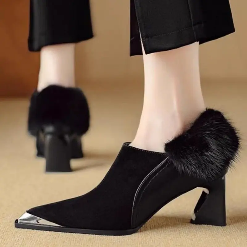 Autumn New Coarse Heel Shoes Women Fashion Metal Pointed Side Zipper Anti-slip Wear-resistant Plush Low-top Shoes