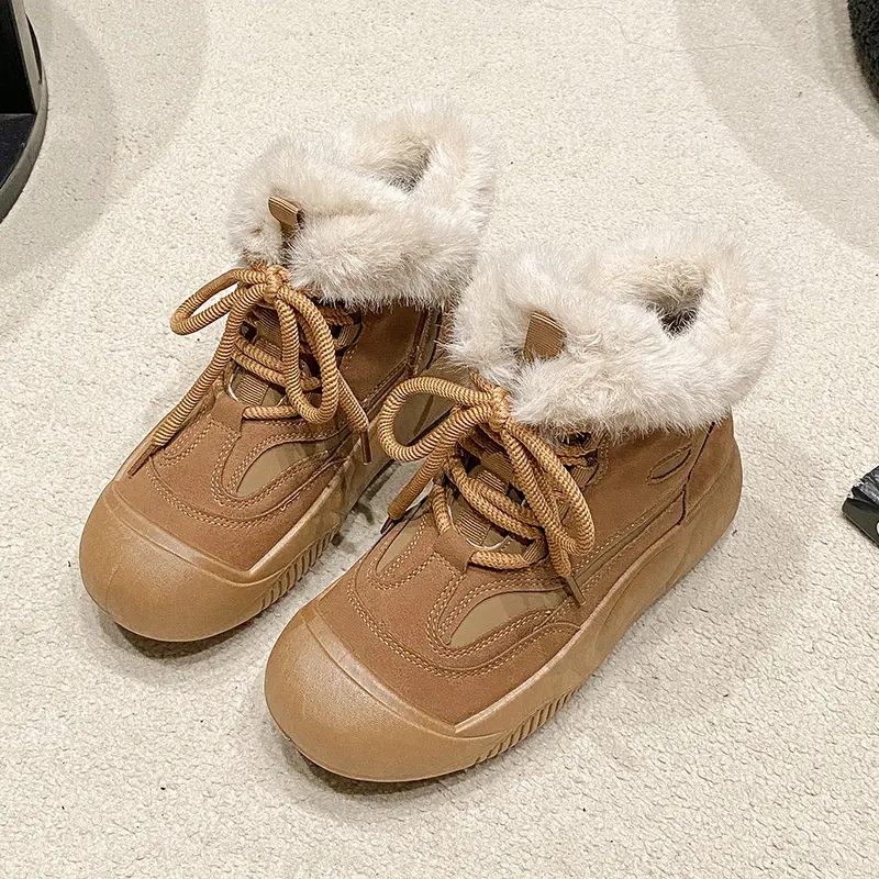 Women's Fashion Flat Snow Boots Winter New Round Head Suede Front Strap Thick Sole Anti-slip Wear-resistant Short Boots