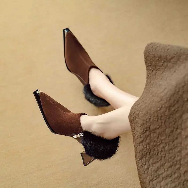 Autumn New Coarse Heel Shoes Women Fashion Metal Pointed Side Zipper Anti-slip Wear-resistant Plush Low-top Shoes