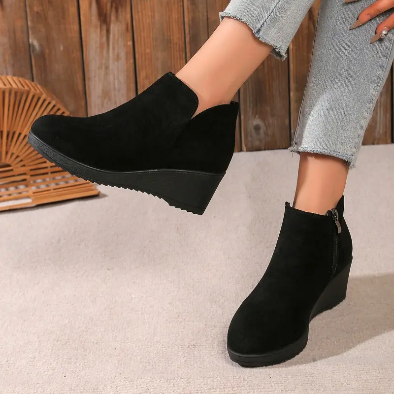 Women's Slope Heel Cotton Boots Winter New Round Head Suede Side Zipper Thick Sole Anti-slip Wear-resistant Low-top Shoes
