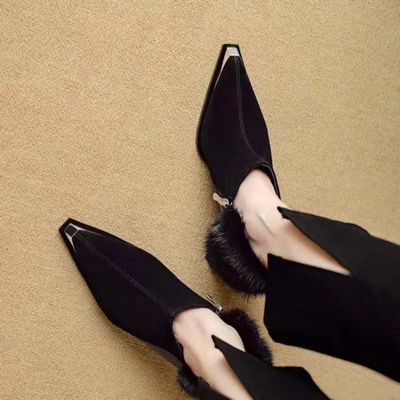 Autumn New Coarse Heel Shoes Women Fashion Metal Pointed Side Zipper Anti-slip Wear-resistant Plush Low-top Shoes