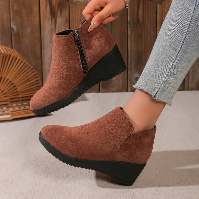 Women's Slope Heel Cotton Boots Winter New Round Head Suede Side Zipper Thick Sole Anti-slip Wear-resistant Low-top Shoes