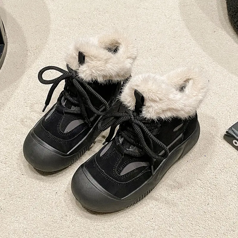Women's Fashion Flat Snow Boots Winter New Round Head Suede Front Strap Thick Sole Anti-slip Wear-resistant Short Boots