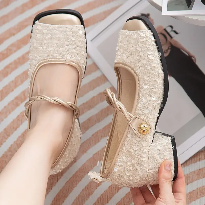 Women's Fashion Thick Heel Shoes Fall New Square Head Shallow Mouth Sequin Cloth Soft Sole Non-slip Mid-heel Low Top Shoes
