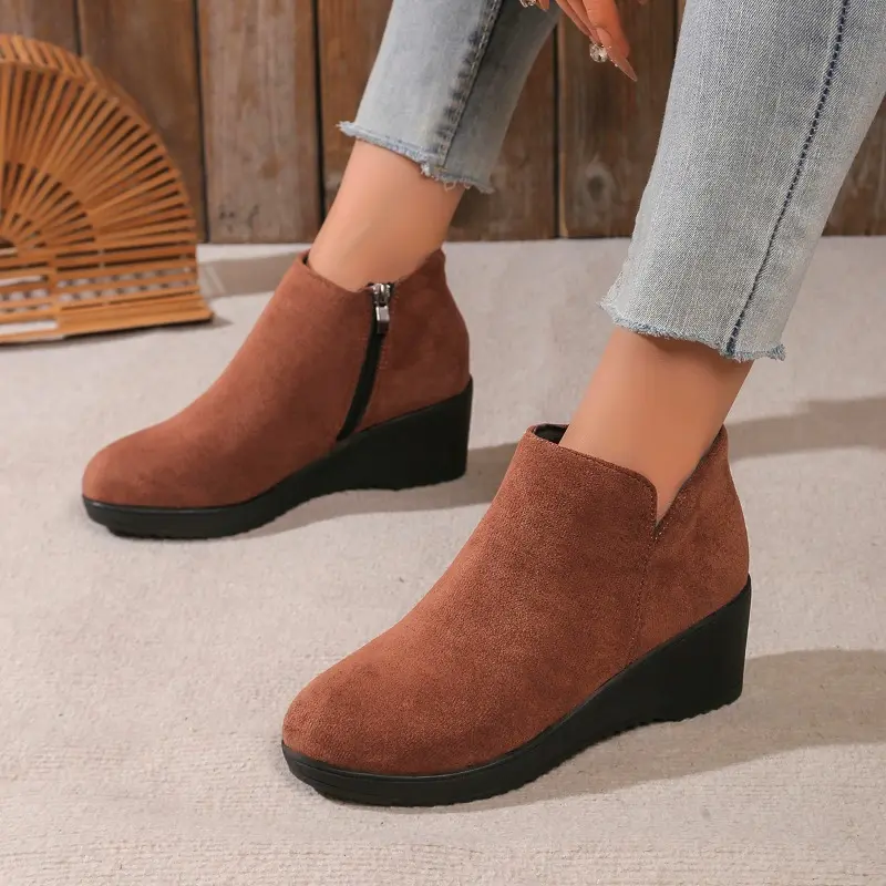 Women's Slope Heel Cotton Boots Winter New Round Head Suede Side Zipper Thick Sole Anti-slip Wear-resistant Low-top Shoes