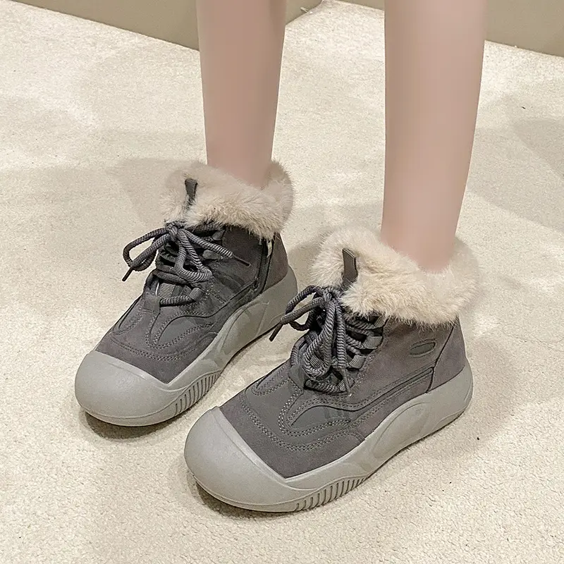 Women's Fashion Flat Snow Boots Winter New Round Head Suede Front Strap Thick Sole Anti-slip Wear-resistant Short Boots