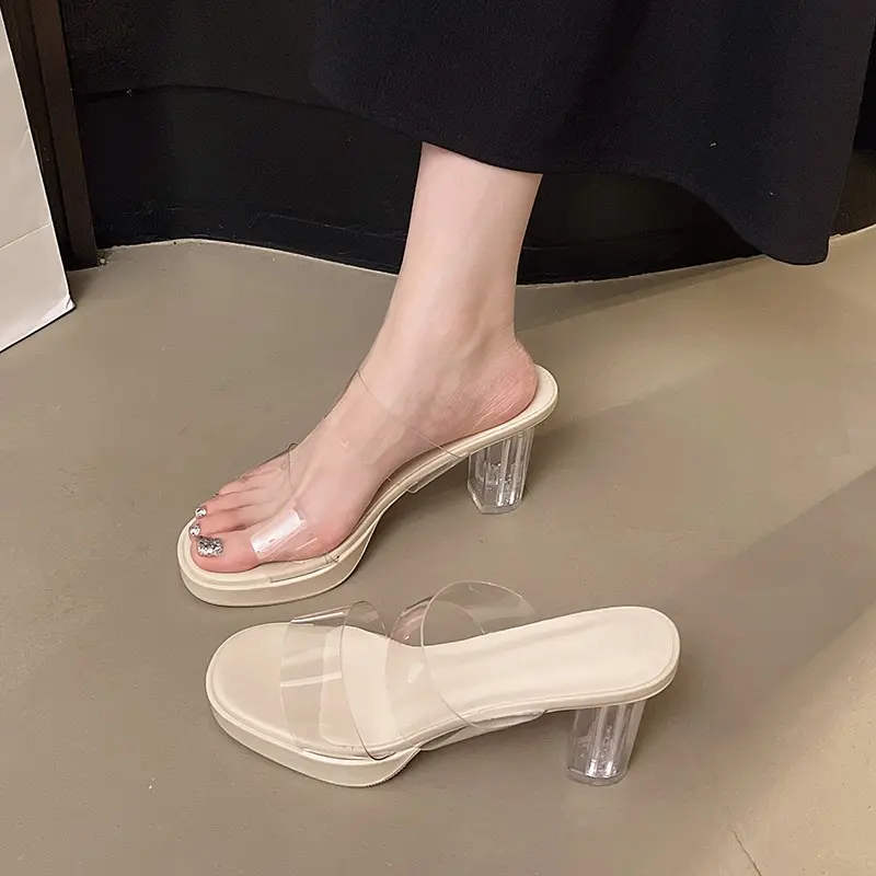Crystal Block Heel High Heels Summer New Round Toe Open Toe Transparent Band Platform Non-slip Wear-resistant Flip-flops