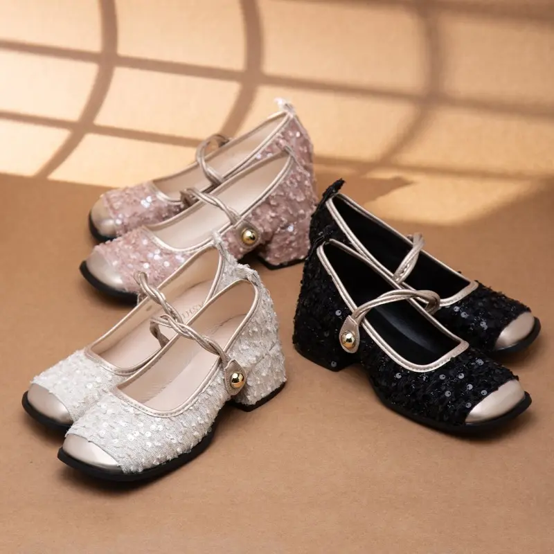 Women's Fashion Thick Heel Shoes Fall New Square Head Shallow Mouth Sequin Cloth Soft Sole Non-slip Mid-heel Low Top Shoes