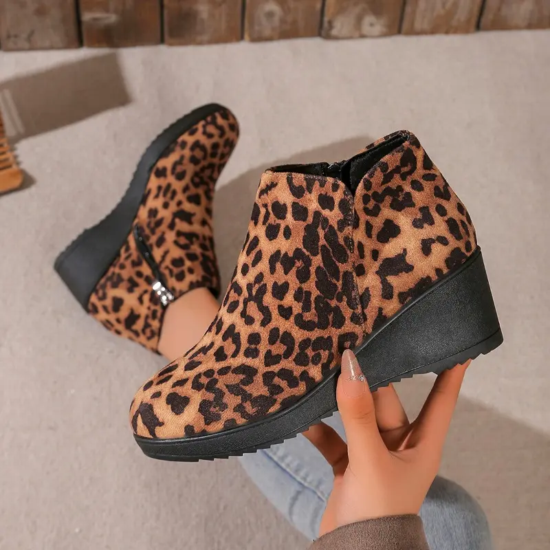 Women's Slope Heel Cotton Boots Winter New Round Head Suede Side Zipper Thick Sole Anti-slip Wear-resistant Low-top Shoes
