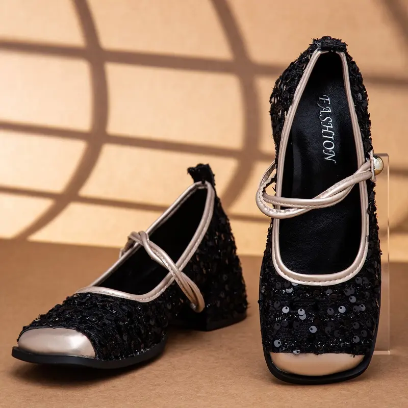 Women's Fashion Thick Heel Shoes Fall New Square Head Shallow Mouth Sequin Cloth Soft Sole Non-slip Mid-heel Low Top Shoes
