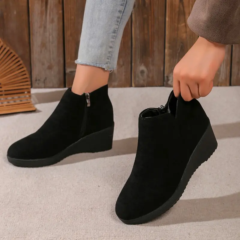 Women's Slope Heel Cotton Boots Winter New Round Head Suede Side Zipper Thick Sole Anti-slip Wear-resistant Low-top Shoes