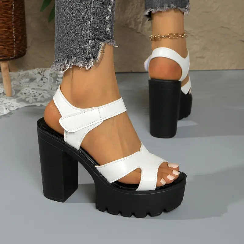 Platform Super Heels Summer New Round Toe Open Toe Cutout One Strap Non-slip Block Heel Fish Mouth Sandals