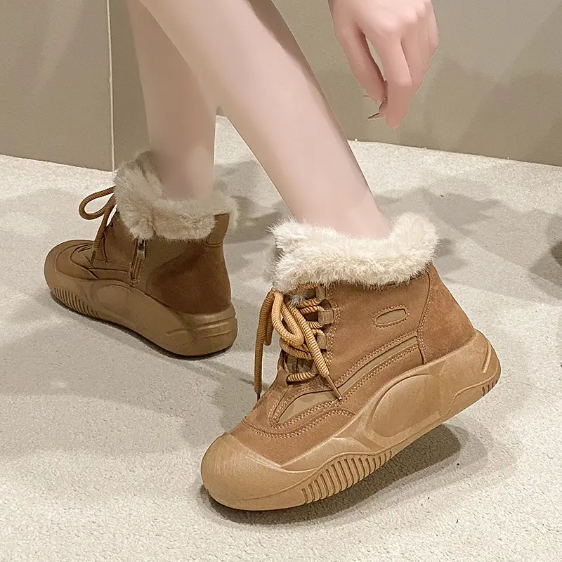 Women's Fashion Flat Snow Boots Winter New Round Head Suede Front Strap Thick Sole Anti-slip Wear-resistant Short Boots