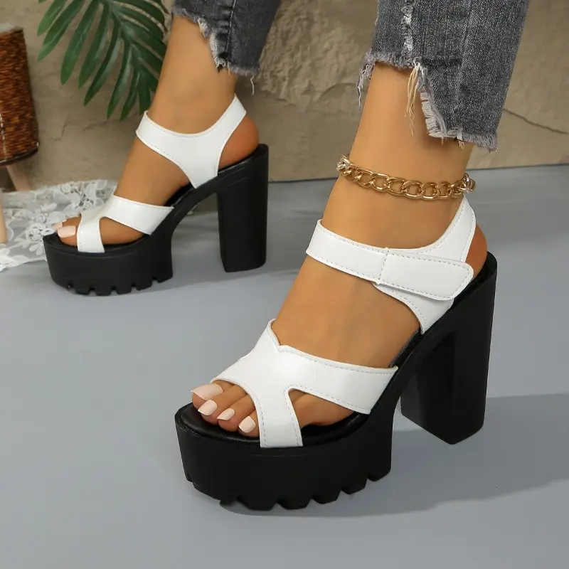 Platform Super Heels Summer New Round Toe Open Toe Cutout One Strap Non-slip Block Heel Fish Mouth Sandals