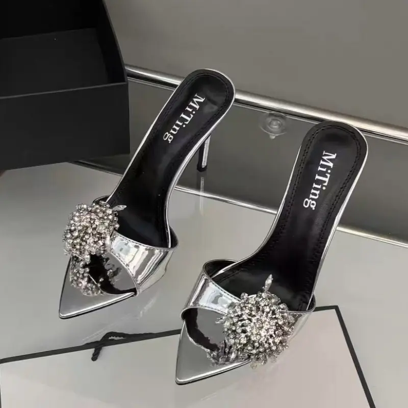 Summer New Stiletto Sandals Women Fashion Pointed Open-toe Rhinestone Flower Slip-on Waterproof and Anti-slip Wear Slippers