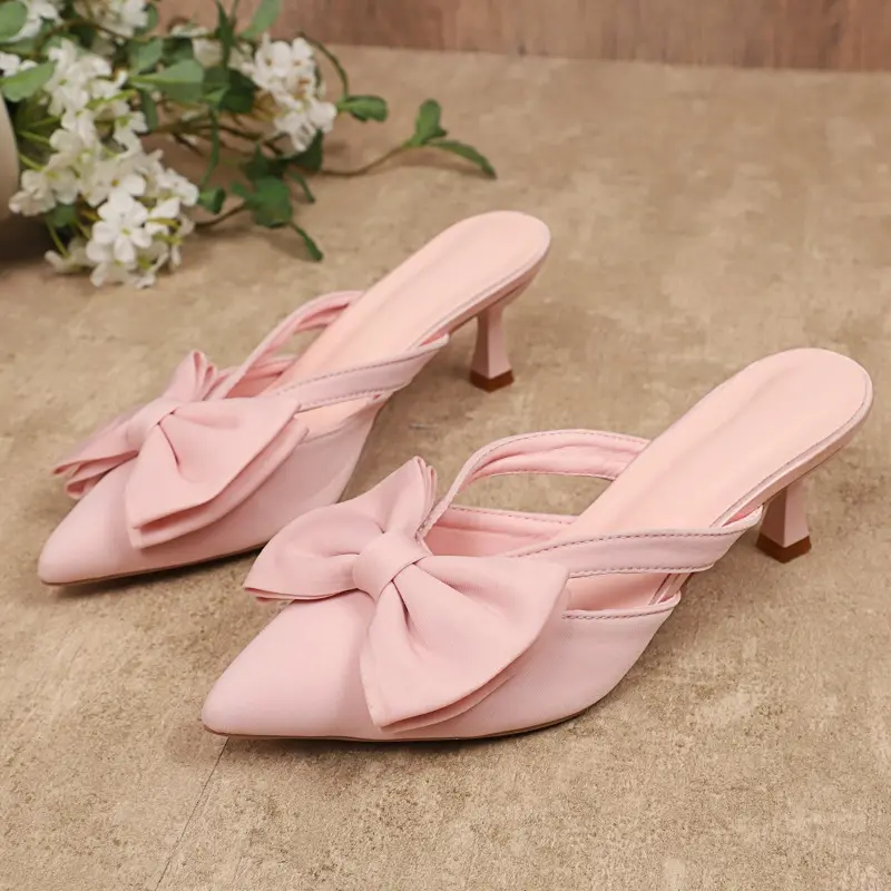Slender Heel Baotou Cool Drag Women's Fashion Pointed Toe Shallow Mouth Bow Cutout Non-Slip Wear-Resistant High Heels