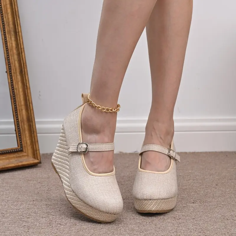 High Heeled Single Shoes Fashion Round Toe Shallow Mouth One Line Slip with Cloth Surface Platform Anti-Slide Heel Shoes