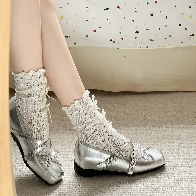 Mary Jane Heightened 5CM Bow Small Single Shoes Women's Summer New Versatile French Shallow Flat Ballet Shoes
