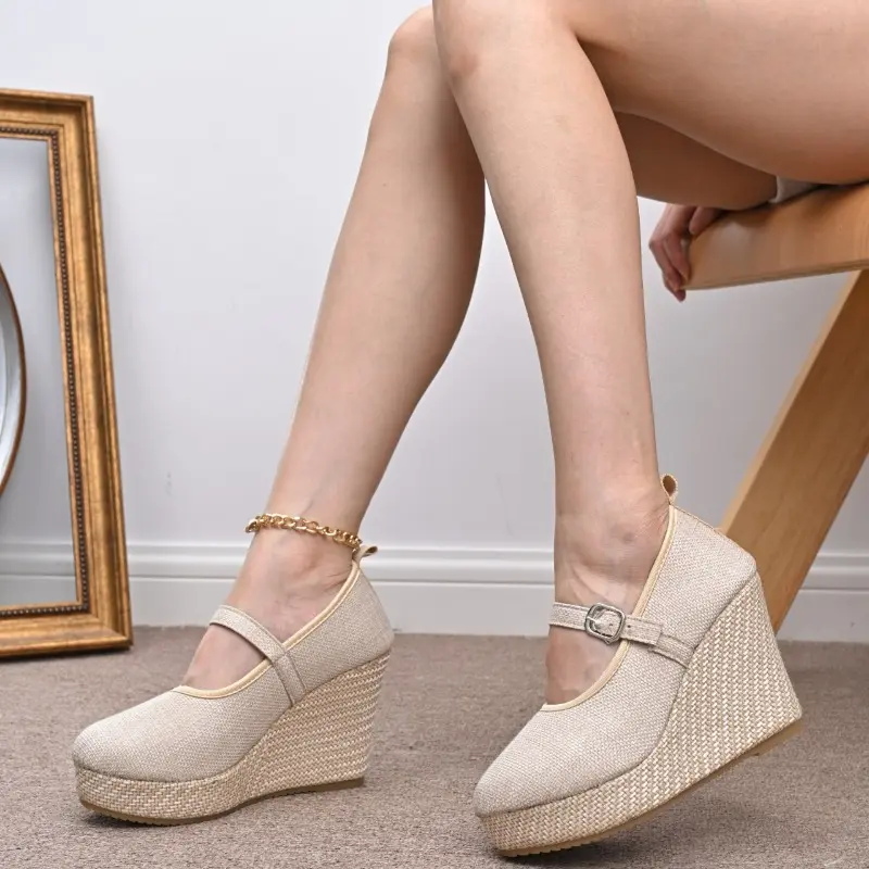 High Heeled Single Shoes Fashion Round Toe Shallow Mouth One Line Slip with Cloth Surface Platform Anti-Slide Heel Shoes