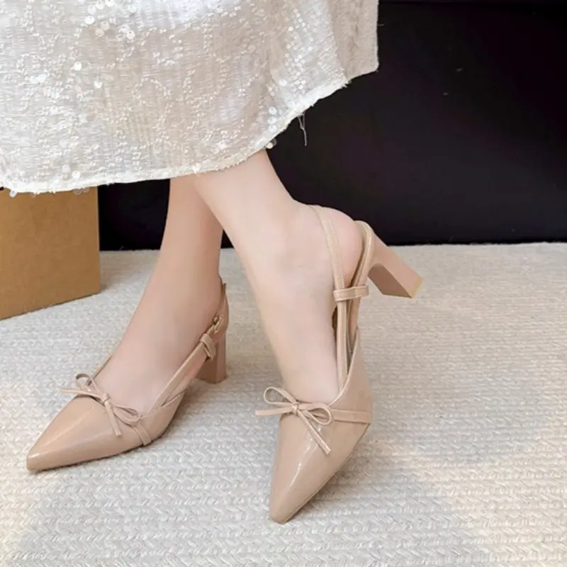 High Heels Women Patent Leather Pointed Toe Bow One Strap Temperament Block Heel Single Shoes Women Gentle Bridesmaid Shoes