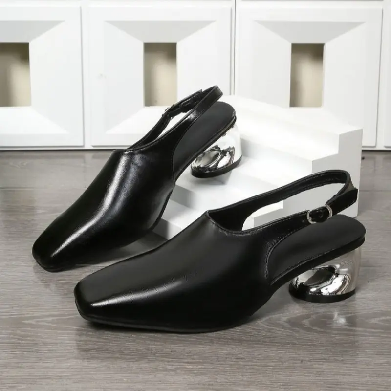 Square Toe Shaped Heel Mid-High Heels Skinny Feet Simple Fashion Shallow Mouth One Strap Versatile Soft Side Sandals