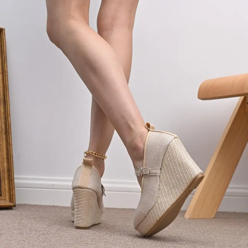 High Heeled Single Shoes Fashion Round Toe Shallow Mouth One Line Slip with Cloth Surface Platform Anti-Slide Heel Shoes