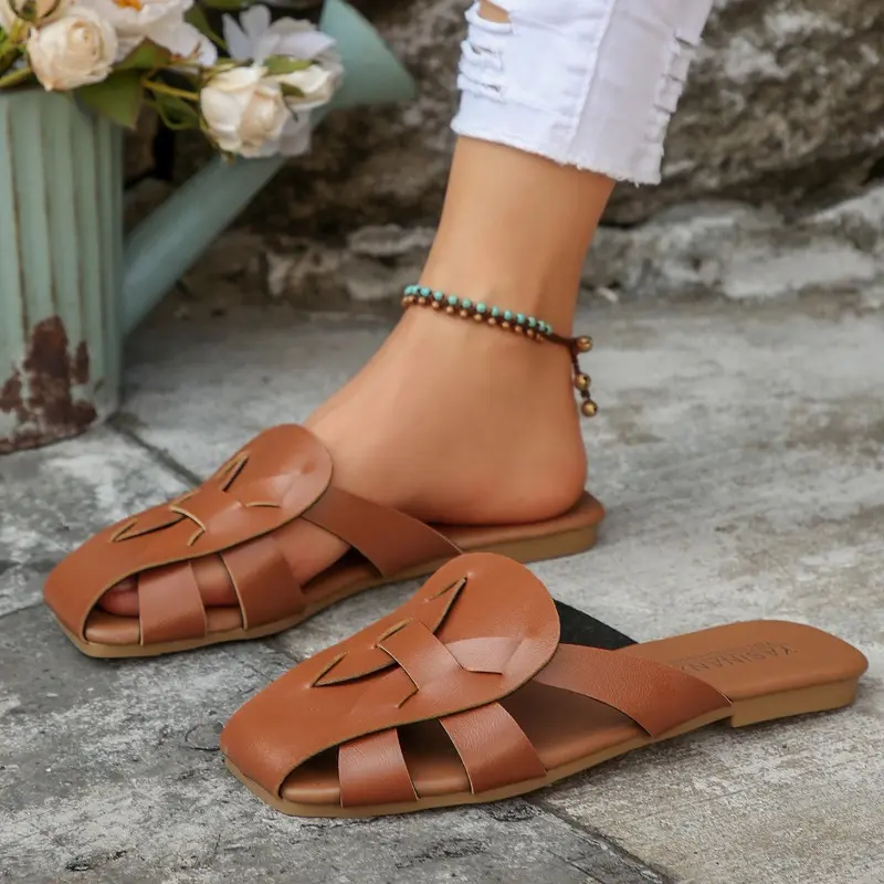 Rome Cool Mopping Summer New Square Toe Shallow Mouth Woven Strap Non-slip Flat Wrapped Slippers
