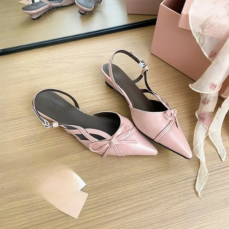 Bow-knot Temperament Style Baotou Sandals Women's Summer Wear J Pointed Toe Shallow Mouth Versatile One-belt High Heels