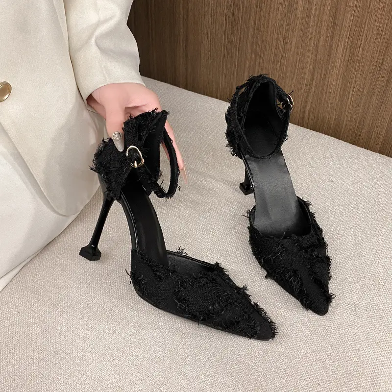 Women's Summer New Pointed Toe Shallow Mouth Cloth Design Sense Niche Hollow Stiletto High Heels One-buckle Single Shoes