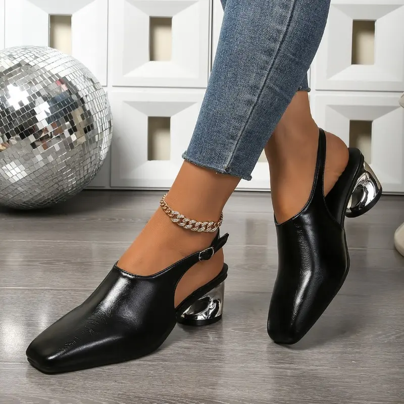 Square Toe Shaped Heel Mid-High Heels Skinny Feet Simple Fashion Shallow Mouth One Strap Versatile Soft Side Sandals