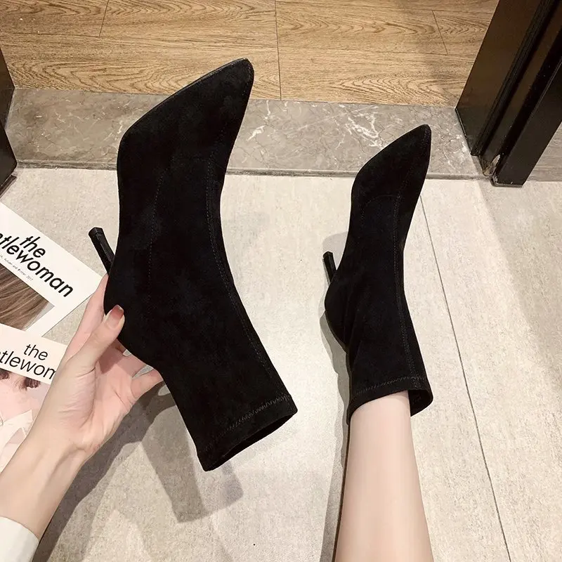 Women's Fine Heel Cotton Boots Winter New Pointed Suede Thickened Sleeve Anti-slip Wear-resistant High Heels