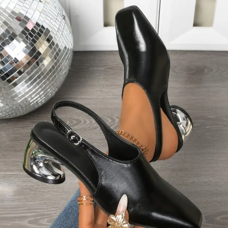 Square Toe Shaped Heel Mid-High Heels Skinny Feet Simple Fashion Shallow Mouth One Strap Versatile Soft Side Sandals