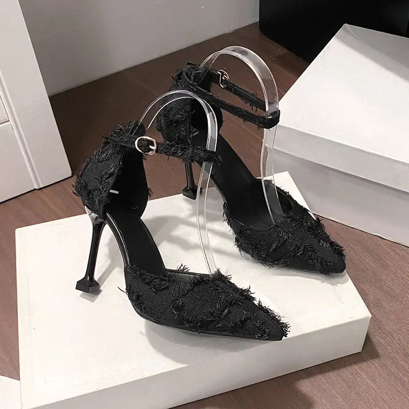 Women's Summer New Pointed Toe Shallow Mouth Cloth Design Sense Niche Hollow Stiletto High Heels One-buckle Single Shoes