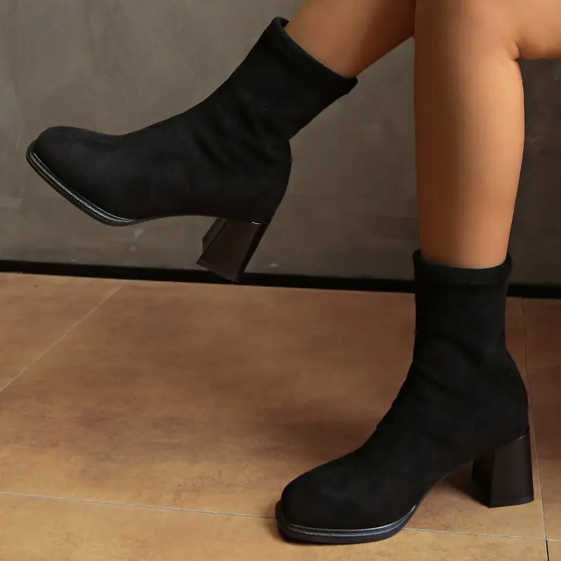 Women's Fashion Thick Heel Single Boots Autumn New Square Head Suede Sleeve Anti-slip Wear-resistant Short Boots