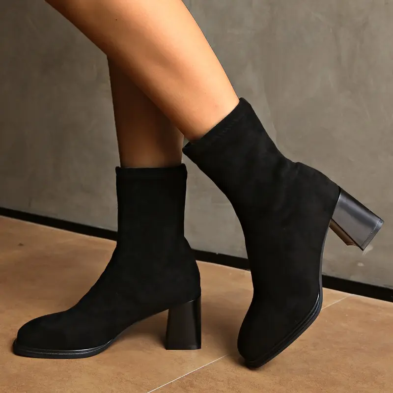 Women's Fashion Thick Heel Single Boots Autumn New Square Head Suede Sleeve Anti-slip Wear-resistant Short Boots