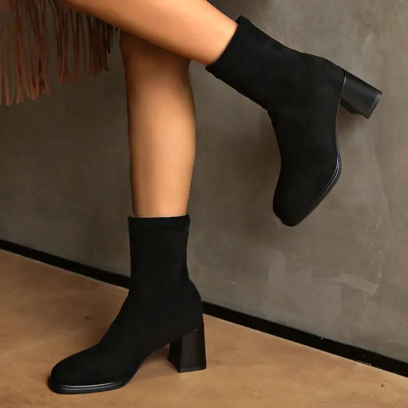 Women's Fashion Thick Heel Single Boots Autumn New Square Head Suede Sleeve Anti-slip Wear-resistant Short Boots