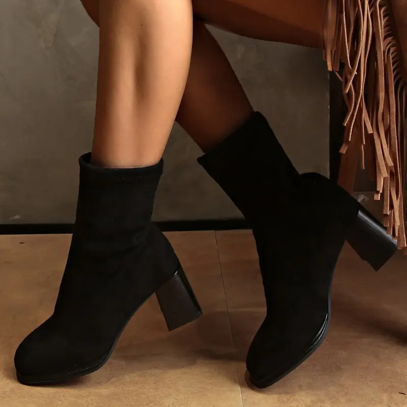 Women's Fashion Thick Heel Single Boots Autumn New Square Head Suede Sleeve Anti-slip Wear-resistant Short Boots